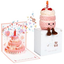 Geburtstagstorte Plüschtier Geschenk für Frauen mit LICHTERN & Aufnahme, 3D Pop Up Rosa