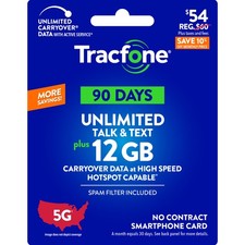 Tracfone 54 Unlimited Talk  Text, 12 GB of Data / 90 Days Physical Card 
