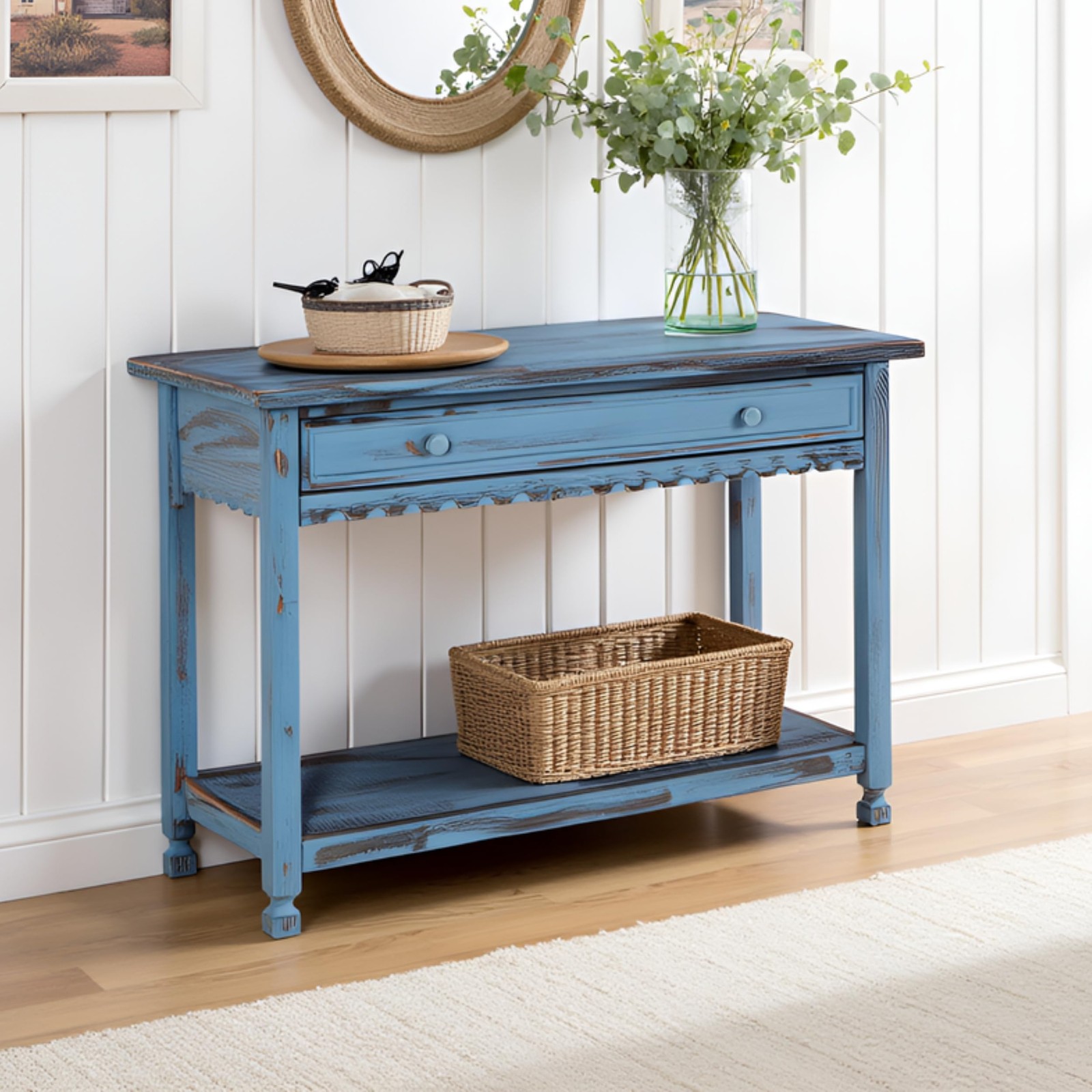 Country Cottage Console Table with (L) 42" x (W) 16" x (H) 28", Antique Blue 