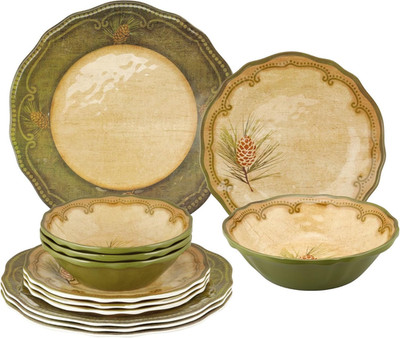 Woodland Pinecone 12-Piece Melamine Dinnerware Set for 4 - Dark Green