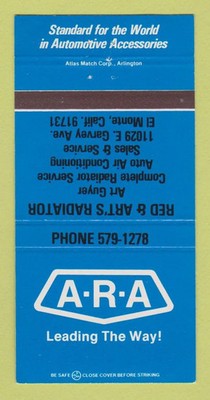 Matchbook Cover - ARA Red & Art's Radiator El Monte CA 30 Strike