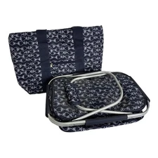 2 Piece Blue with Fish Beach Bag Tote w/ Picnic Basket To Match Set New w/o Tag