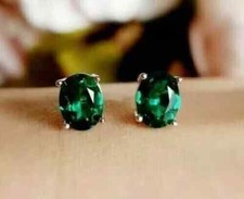 1 Ct Oval Cut Lab Created Emerald Solitaire Stud Earrings 14K Yellow Gold Plated