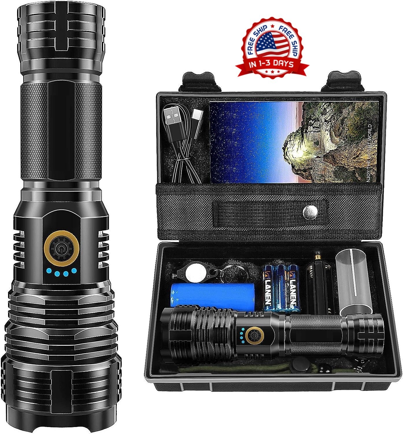 Linterna LED Recargables Tacticas Militar de Alta Potencia de Bateria Flashlight