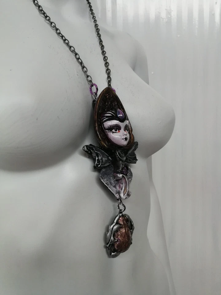 Doll Head Jewelry Necklace Pendant Fairy Gothic Dark Goth Luxury Chunky Art Deco - Image 3 of 4