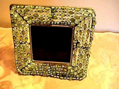 VINTAGE BEADED MURANO Art Glass green Beads Standing Photo Frame 5 1/2"