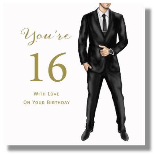 LARGE Happy 16th Birthday Greeting Card Boy In Suit by Mary Kirkham - Afbeelding 1 van 10