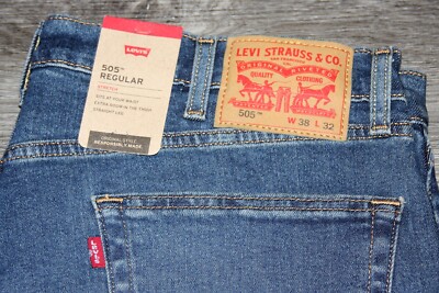 NEW W/ Tags Levi Strauss & Co. Blue Denim Jeans 505 Regular Stretch Mens 38 x 32