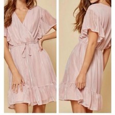 Andrée Pink Shimmer Faux Wrap Fairy Sleeve Dress, Tie at Waist- Size M