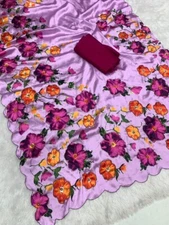 Flower Printed Pure Japan Satin Digital Printed With Handwork Khatli Work Sarees