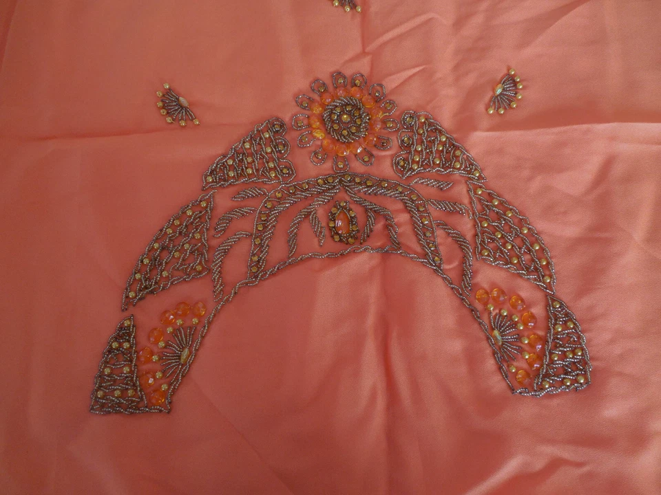 Orange hand beaded dress material polyester amunzen crepe 44" x 43" - Image 2 of 4