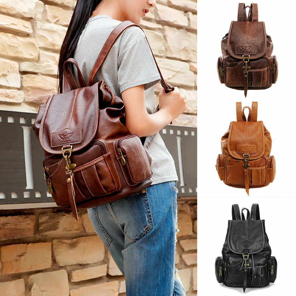Women Vintage Style Leather Backpack School Travel Shoulder Bag Purse Handbag - Image 2 of 4
