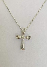 18k Solid White Gold Cross Pendant Bar Chain Necklace Natural Diamond 16 Inch