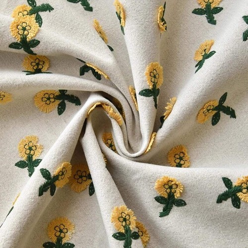 Gelb Beige Baumwolle Leinen Mehrfarbig Blumen Stickerei Stoff - Bild 6 von 8