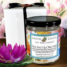 Sea Salt And Orchid Scented Green Leaves 8 oz Handmade Single Wick Soy Candles