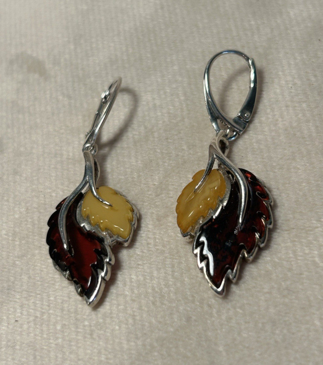 Amber Leaf Sterling Silver Dangle Drop Leverback … - image 3