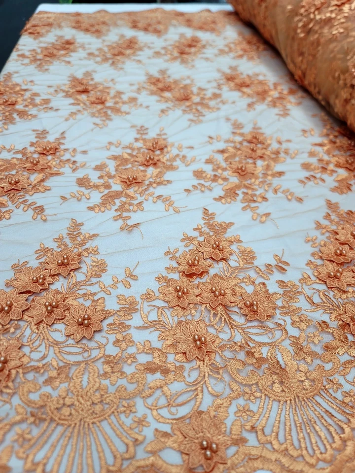 Tela de encaje de malla bordada de encaje con cuentas florales/ flores 3D naranja por yarda Foto 4 de 4