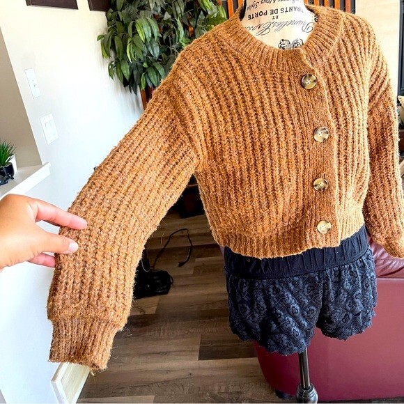 Zara 100% Polyester Brown Button Down Knitted Car… - image 13