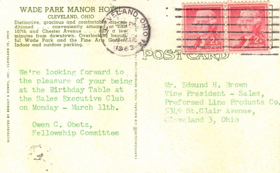 Postcard OH Cleveland Wade Park Manor Hotel Posted 1963 Chrome Vintage