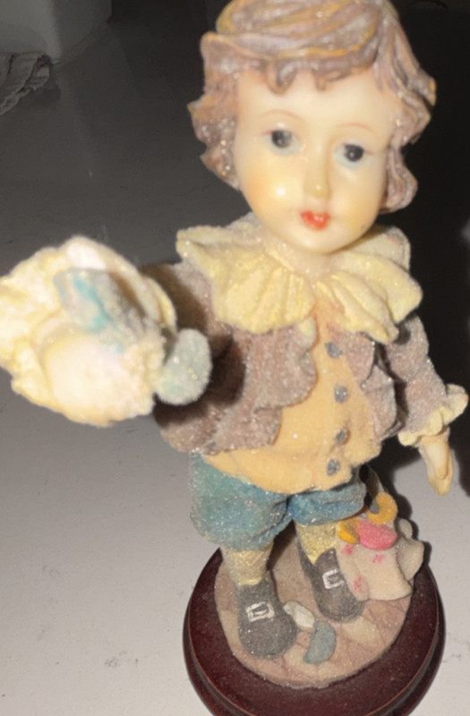 Ceramic Boy Figurine with Bird on Wooden Base, Multicolor Matte, People Theme
