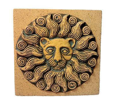 John Wenzel Clayworks Tile Trivet Stoneware Sun Lion 8x8 inch Signed