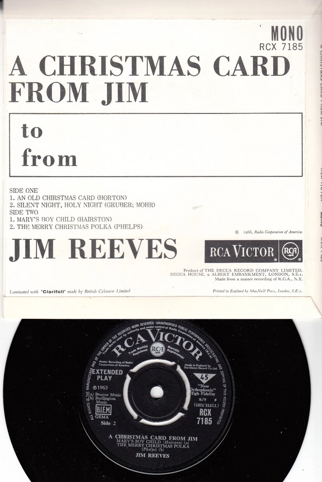 JIM REEVES *A CHRISTMAS CARD FROM JIM*  1966 UK RCA EP  NM/NM - Image 2 of 2