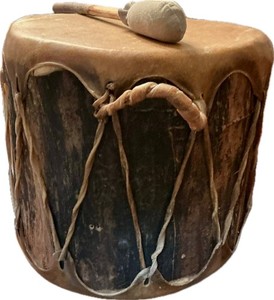 Vintage Nat. American Powwow Buckskin Hand Drum Signed Frank Mirabal Taos Pueblo