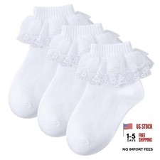 3 Pairs Girls Ruffle Socks Cute Frilly Lace Princess Dress 4-6 Years White