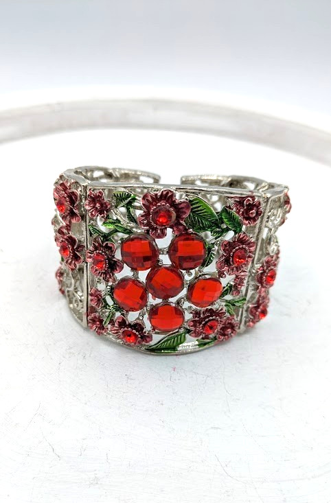 Red Rhinestone Cuff Bracelet Silver Floral - image 8