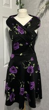 Black Dress With Vibrant Purple Rose Print & Crossover Bodice Med 32 Chest. B34