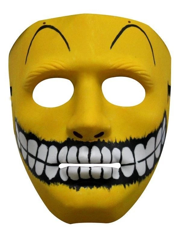 FACE MASK IN YELLOW PLASTIC WITH LARGE PAINTED SMILEY FACE TEETH SHOWING