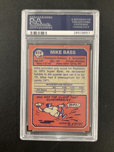 PSA 9 1973 Topps #419 Mike Bass Washington Redskins MINT JUST 2 GRADED HIGHER - Picture 2 of 2
