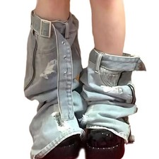 Harajuku Punk Washed Denims Boot Cover with Buckled Strap Side Zip Up Leg Warmer