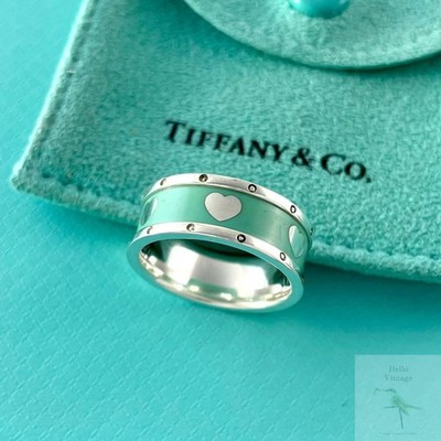 Authentic Tiffany & Co. Blue Enamel Heart Band Ring Silver 925 ''7.5 AAK4e