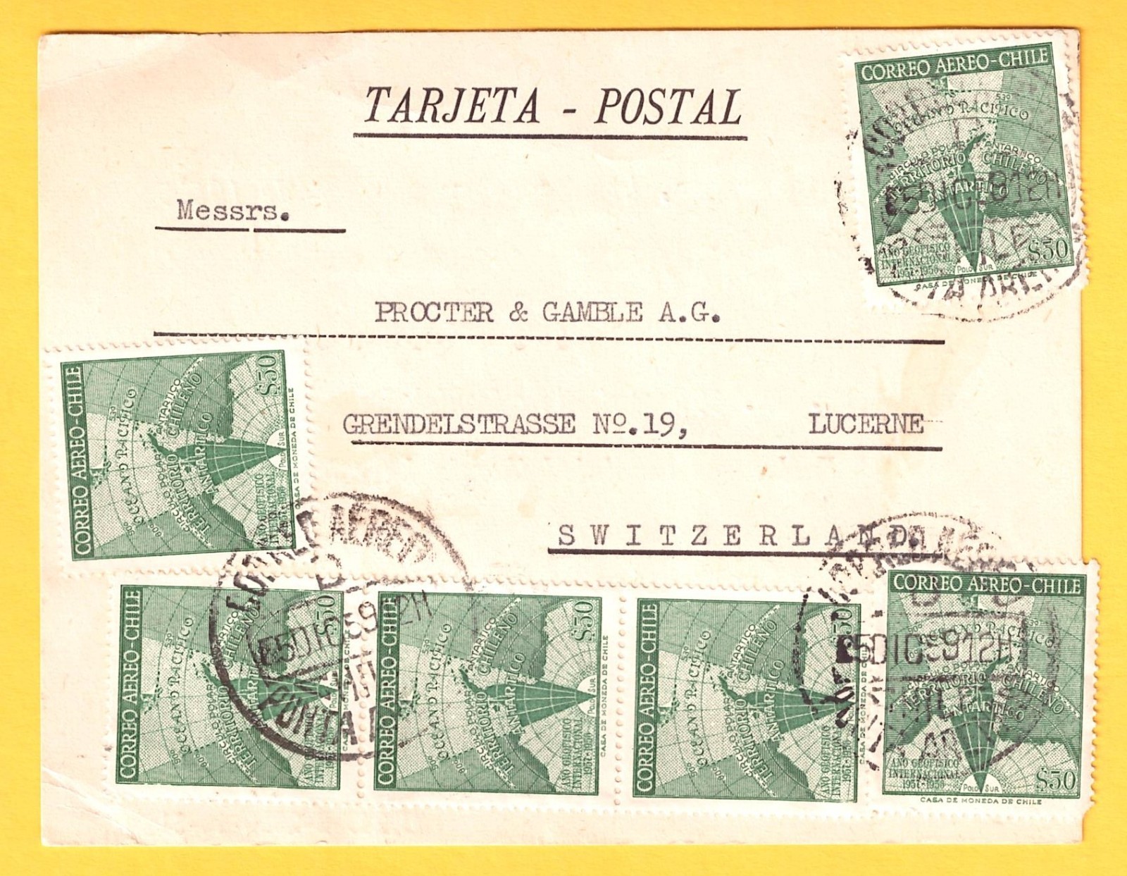 Chile to Switzerland 6 stamps 1959
