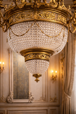 Chandelier XL French Louis XVI Gilt Bronze Crystal Beaded 6 Light