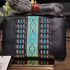 Montana West Aztec Embossed Clutch/Crossbody Black Turquoise NWT