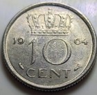 1964 Netherlands Juliana Koningin Der Nederlanden 10 Cent Coin VF/AU — photo 1
