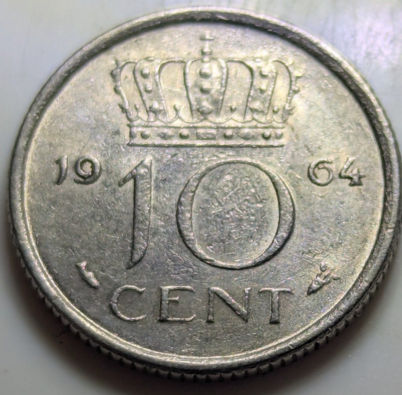 1964 Netherlands Juliana Koningin Der Nederlanden 10 Cent Coin VF/AU