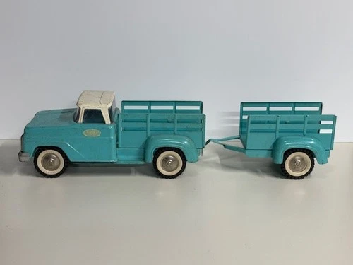 Vintage Tonka Toy Truck w/ Stake Trailer in Teal & White Pressed Steel 1960's