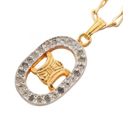 CELINE Triomphe Necklace Pendant Gold Plated Rhinestone Used 43cm