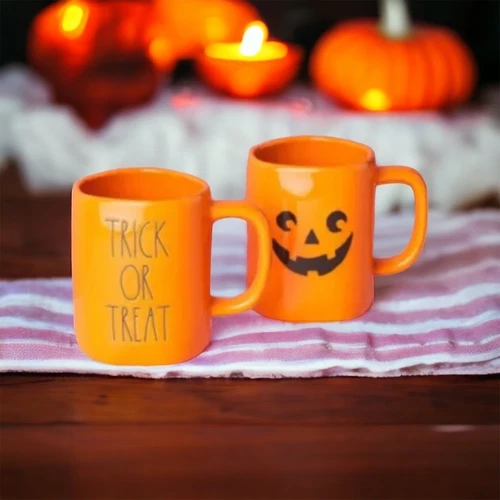 Rae Dunn Trick or Treat Halloween Orange Mug Set with Face Jack O Lantern NEW