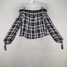 Mossimo Womens Top Size S Black Plaid Gingham Stretch Off Shoulder Flowy Blouse