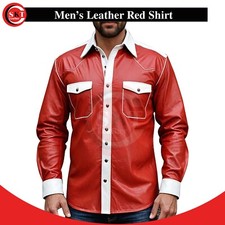 Men's Red Lambskin Leather Slim Fit Full Sleeve Button up Classic Style Shirt