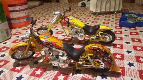 Two NewRay 1995 Chopper Motorcycles Low rider 10” Long Yellow W Red Flames Paint
