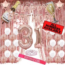 31st Birthday Rose Gold Decorations - 40" Number Balloons, Foil Curtains  More