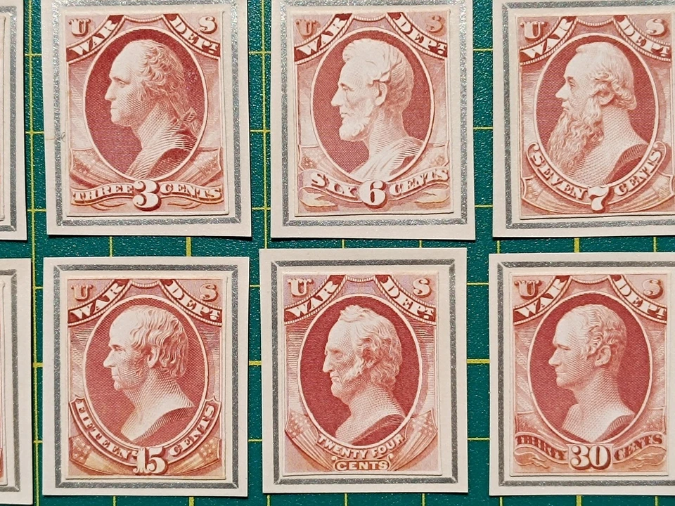 US Stamps,War Dept,Official Trial Color PROOF India on card with Frame,set of 10 - Image 3 of 4