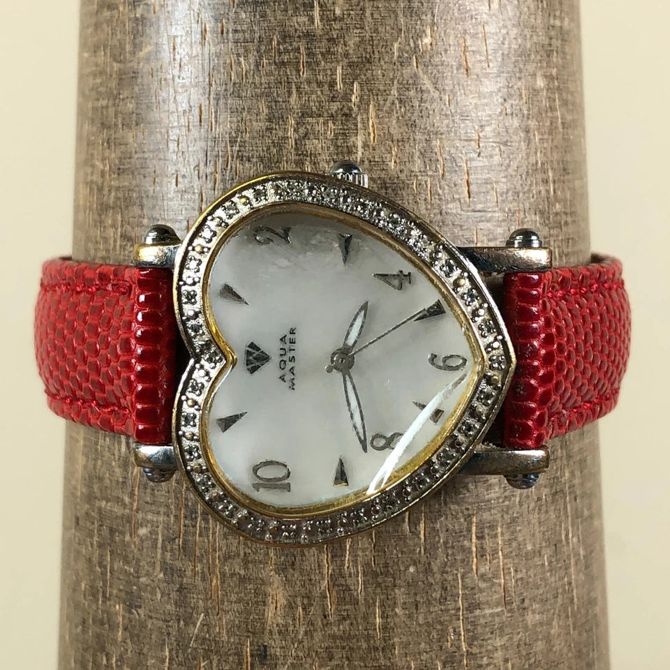Aqua Master Women Dress Pave MOP Leather Heart Shape Quartz 30mm Watch 6 1/2" - Image 2 of 4