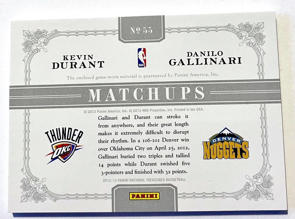 2012 National Treasures Matchups Kevin Durant & Danilo Gallinari Dual Patch /49 - Image 2 of 2