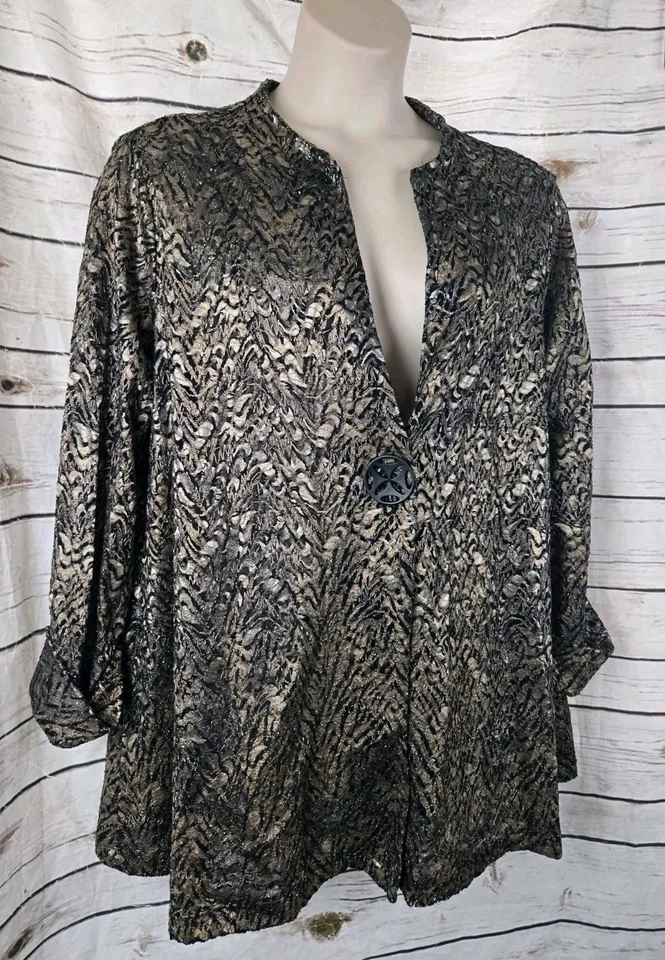 Ali Miles Gold Textured Lace Jacket 2X Lagenlook Artsy Womens Button - Image 2 of 4